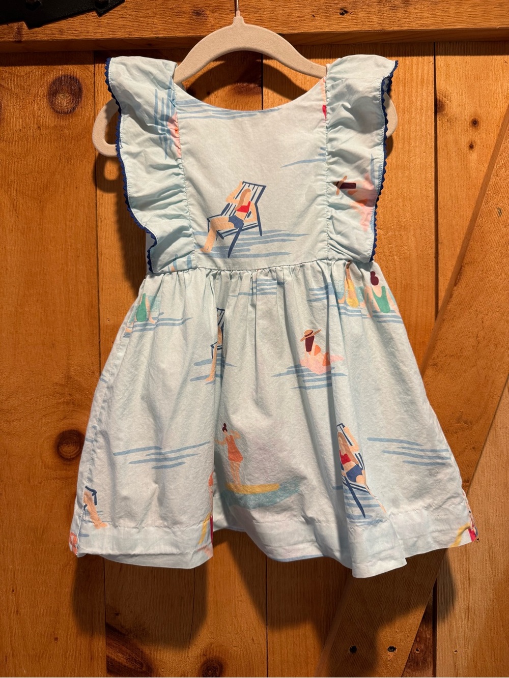 Classic Prep Light Blue Girl's Summer Dress with Beach Print, 2T